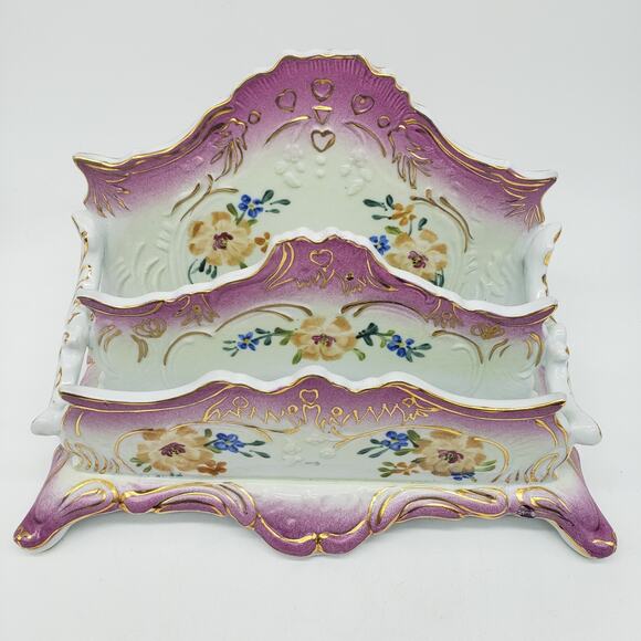 Limoges Hand Painted Floral Two Tier Footed Letter Holder. China Porcelain - Picture 2 of 16